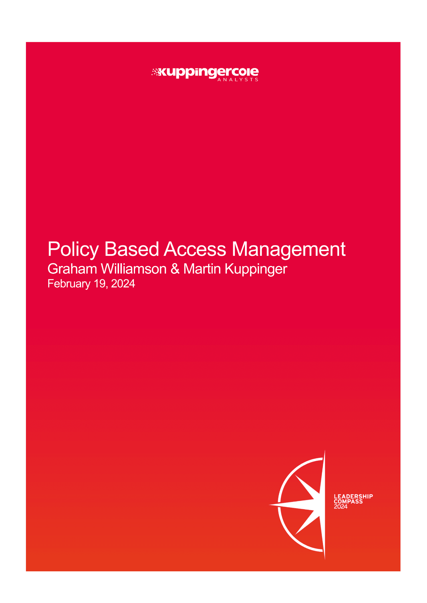 Cover of the KuppingerCole Leadership Compass 2024 report on Policy Based Access Management by Graham Williamson and Martin Kuppinger, February 19, 2024