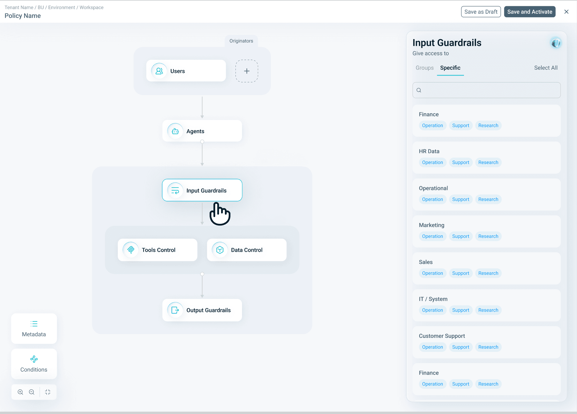 The PlainID policy builder canvas with users, agents, input guardrails, tools control, data control and output guardrails, and a panel for choosing which data input guardrails give access to