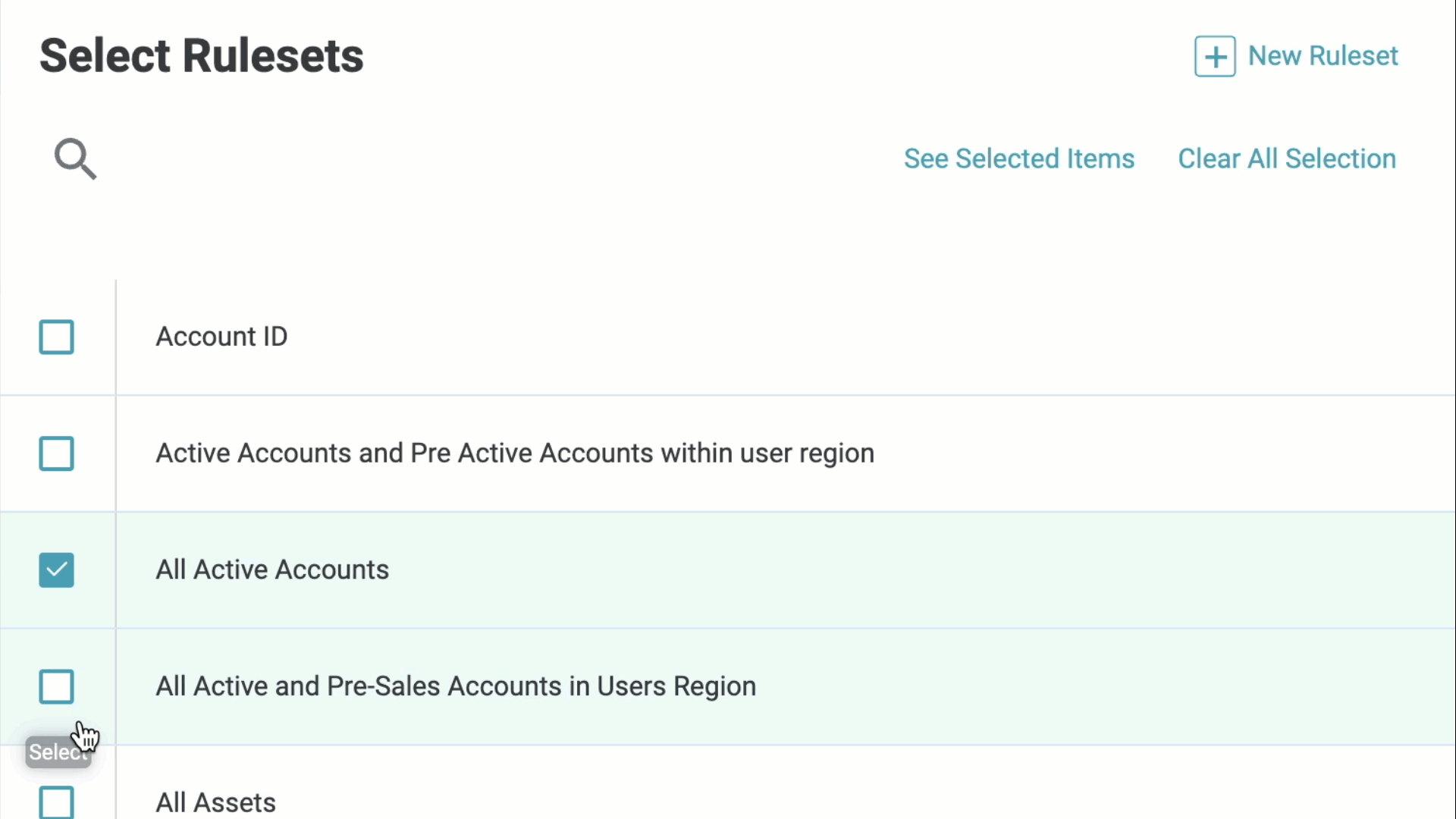 The PlainID ruleset picker, with rulesets for accounts and assets being selected